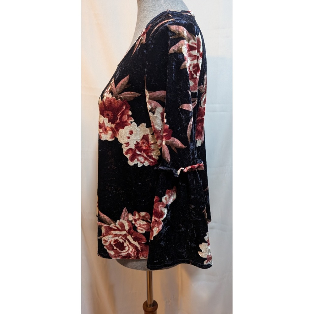 Boho Cottagecore Prairie M Navy Blue Velvet Floral Bell Ruffle Sleeve Sweet Top - Picture 5 of 9